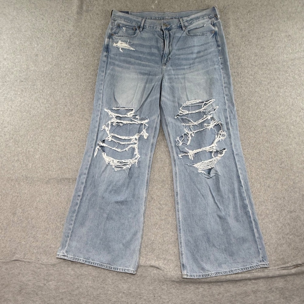 American Eagle Jeans Womens 16 Short Blue Super High Rise Baggy Wide Leg Ripped